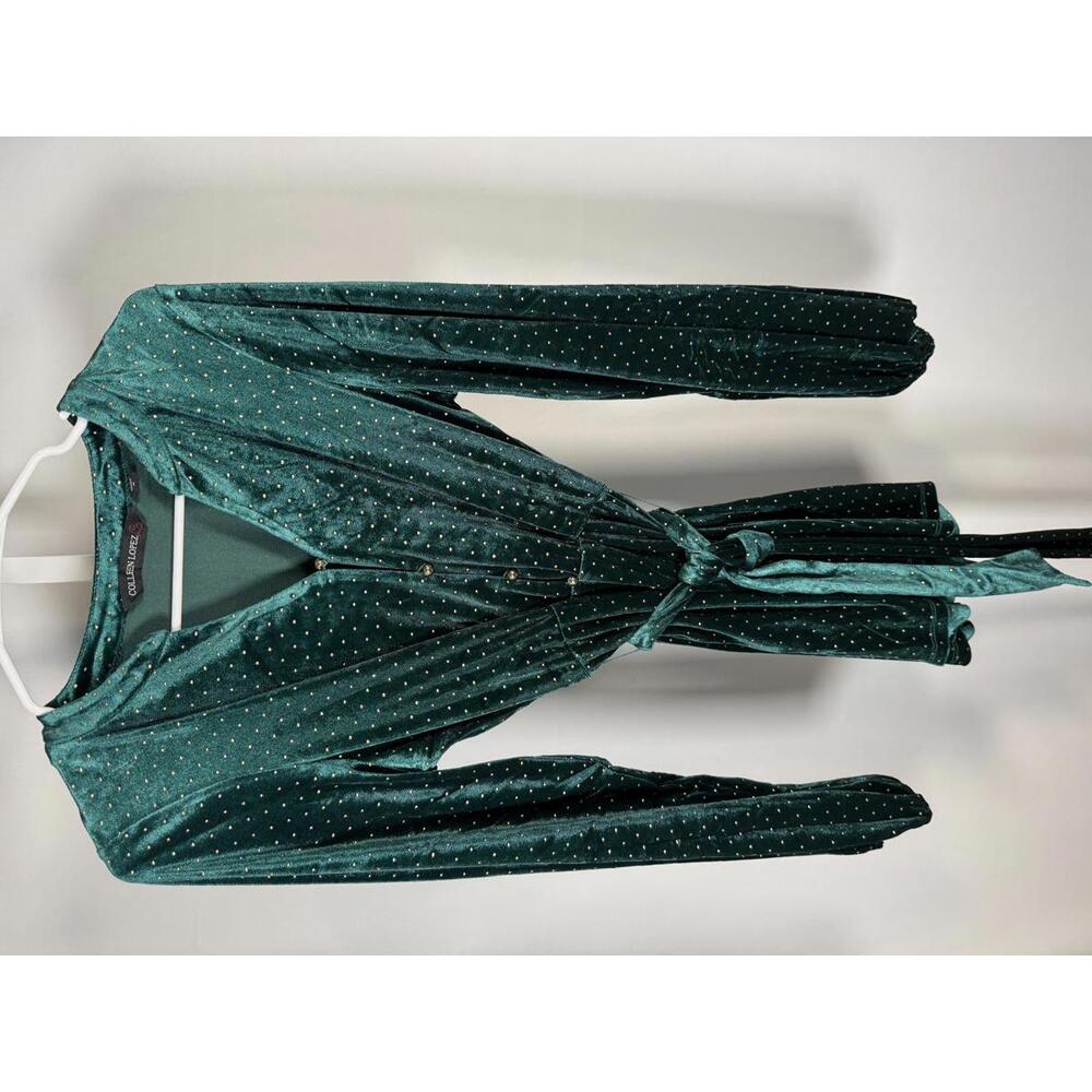 Colleen Lopez Green Velvet Studded Belted Peplum Blouse Size Medium - Picture 2 of 6